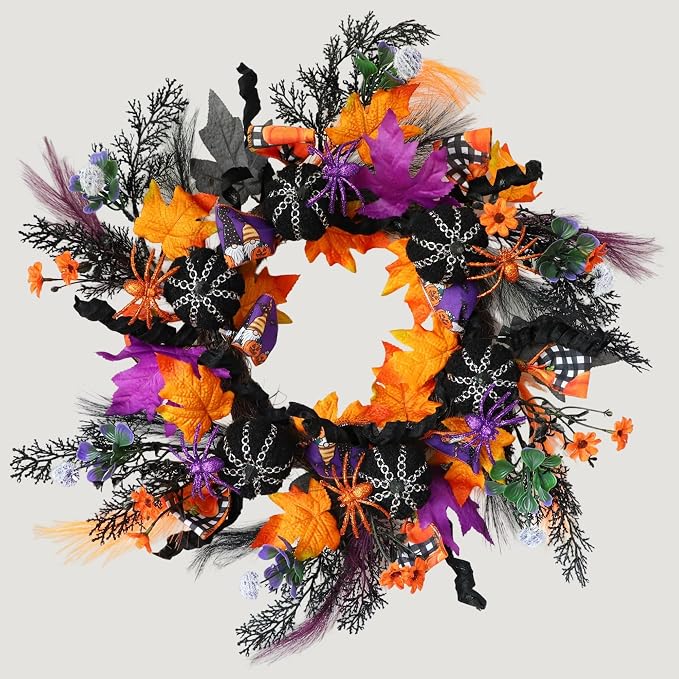 KBREE 22" Halloween Wreath for Front Door, Full Gothic Spooky Autumn Wreath with Black Corduroy Pumpkins, Glitter Orange Purple Spiders & Dark Twigs, Large Halloween Party Decor for Wall Window - skull wreath