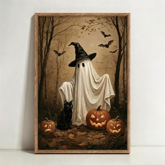 TOARTi Framed Vintage Halloween Witch Ghost Wall Art 16″x24″, Black Cat Jack O Lantern Forest Farmhouse Canvas Print Wall Decor