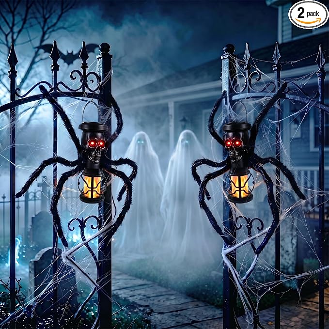 2 Pack Halloween Skull Solar Lights Outdoor with Spider Leg, Fexible - skull lamp