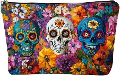 GRITOSE Halloween Makeup Bag Skull Flower designs Spooky Cosmetic Toiletry Bag The Day of Dead Supplies for Women Colorful Pencil Case Small Travel Pouch with Zipper for Halloween Paty - skull suitcase