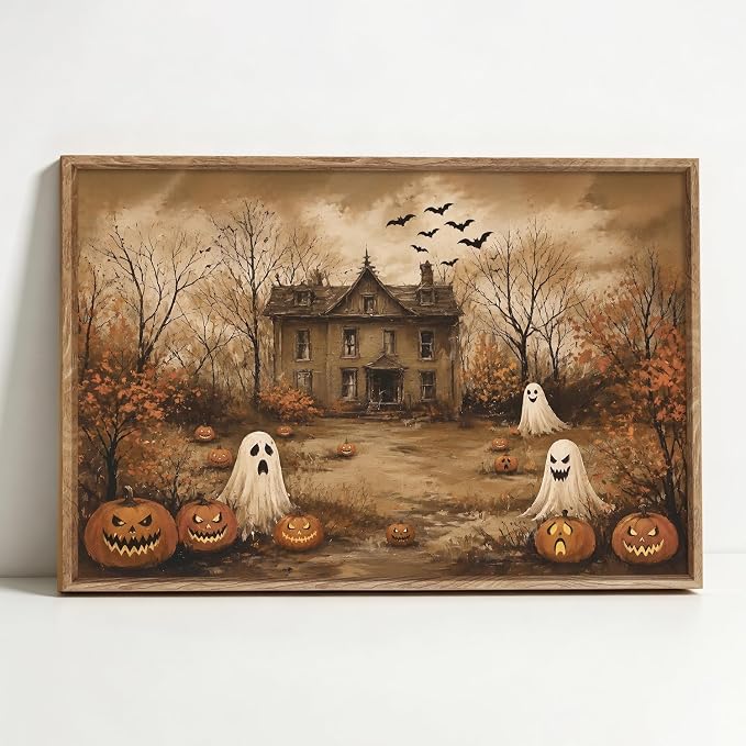 TOARTi Framed Vintage Halloween Haunted House Wall Art 16"x24", Ghost Pumpkin Bat Spooky Farmhouse Canvas Print Wall Decor - skull wall art