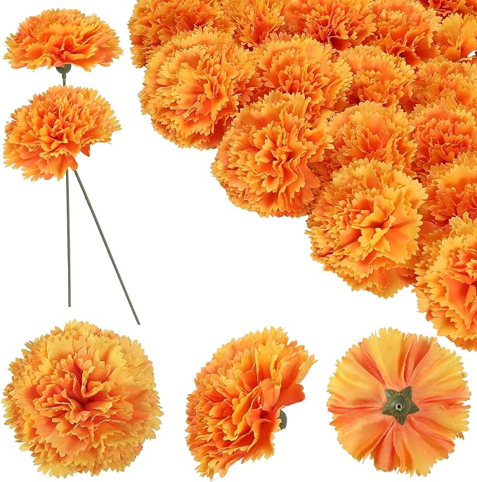 24pcs Artificial Silk Carnation Flower Heads with Stem,Orange Yellow - skull wreath