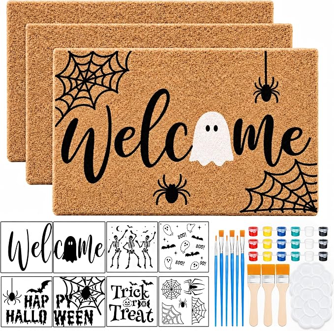 3 Pack Halloween Plain Door Mat for Painting Kit, DIY Welcome Mat