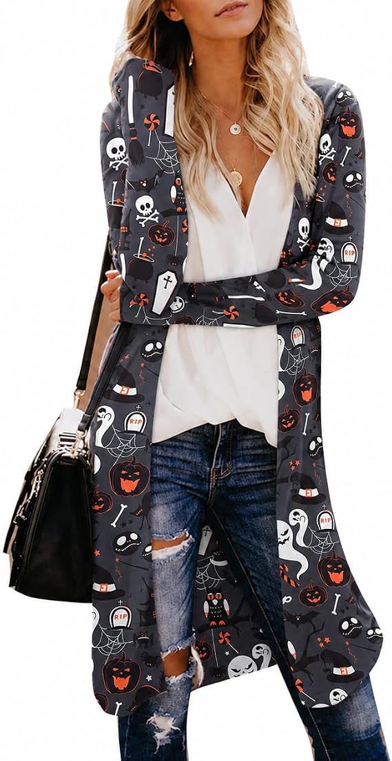 Womens Leopard Print Cardigan Lightweight Long Sleeve Open Front Fall Cardigans S-XXL - skull jacket