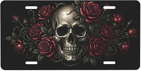 Gothic Skull Red Rose Aluminum Front License Plate 6 x 12 Inches - skull plate