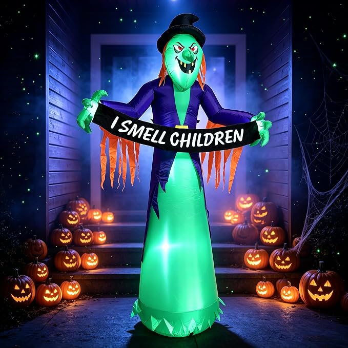8FT Halloween Inflatable Witch Decorations Outdoor Built-in LED Lights,Scary Witch Holds I Smell Children Banner LED Lights Blow Up,for Halloween Haunted House Decor,for Yard/Lawn/Garden