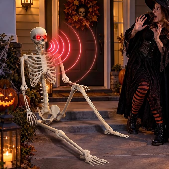 6ft Life Size Sound-Triggered Halloween Skeleton, Cackling Laugh/Red Eyes