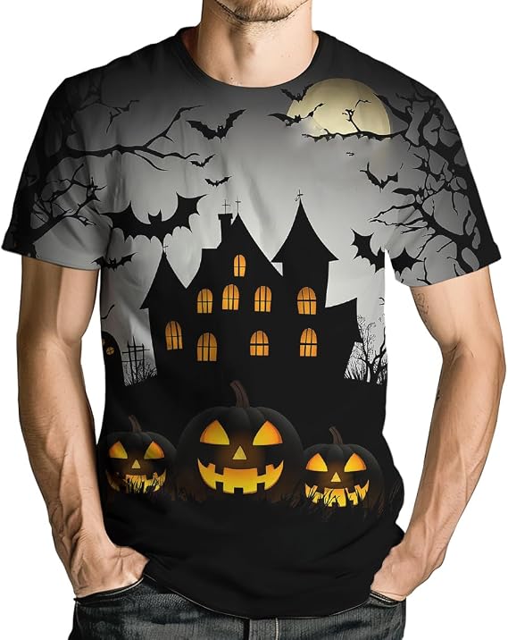 Men's Spooky Halloween T Shirt Pumpkin Ghost Skull Haunted House Print Short Sleeve Holiday Tee Top - skull tshirt