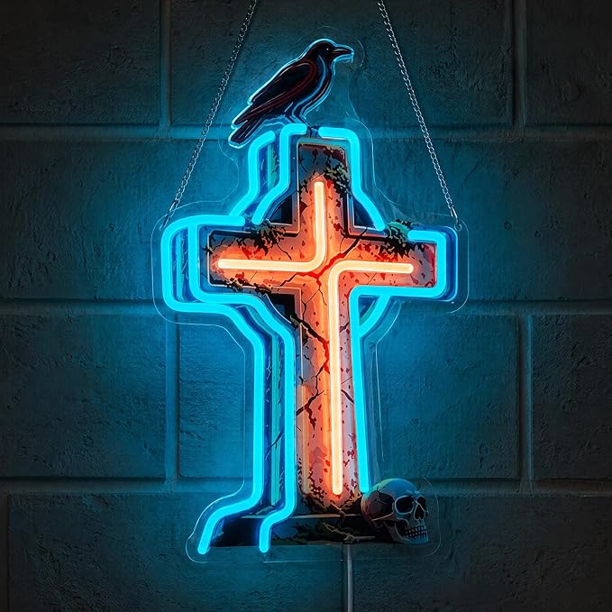 Gothic Cross Crow Skull Neon Sign, Dimmable USB LED Neon Light