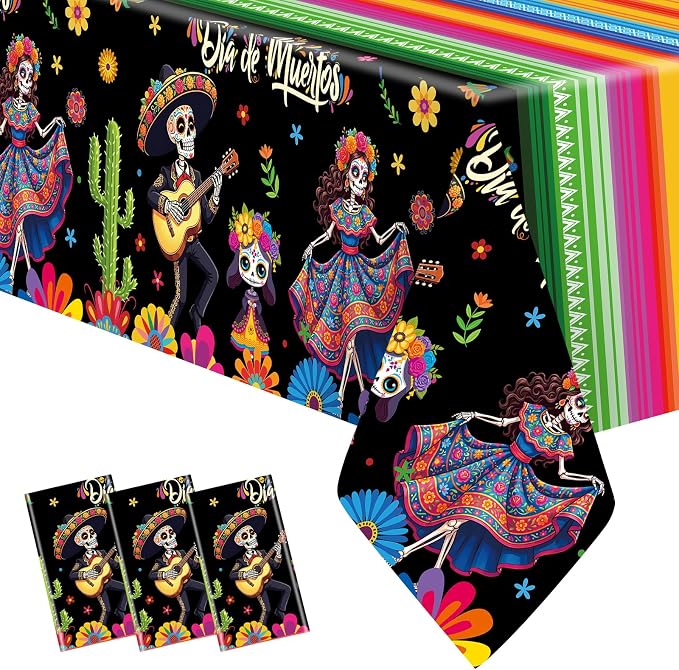 3-Piece 54 x 108 Inch Day of the Dead Plastic Tablecloth Disposable Dia de Muertos Sugar Skull Dancing Skeleton Rectangle Table Covers for Mexican Fiesta Halloween Party Decorations - skull plate