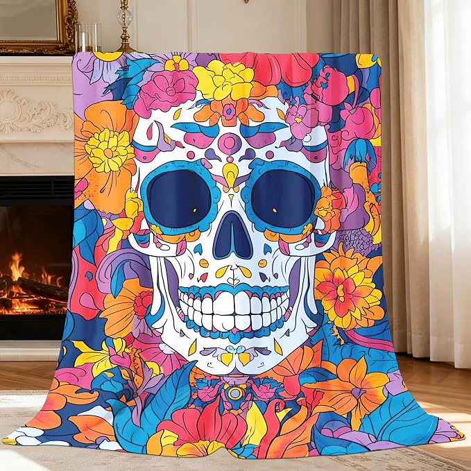 Skull Blanket Gifts, Soft Funny Colorful Flower Skull Throw Blankets 50"x40" for Couch Bedding, Fuzzy Plush Fleece Cozy Warm Skulls Throw Blanket Gifts for Women Men Girls Boys Kids - skull bedding