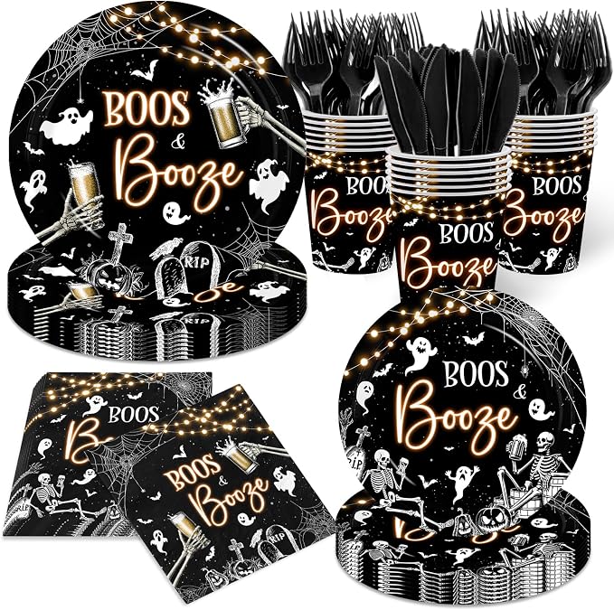 144 Pcs Halloween Party Supplies Ghost Skeleton Disposable Tableware Set Spooky Skeleton Plates Napkins Cups and Cutlery for Halloween Party Decorations - skull plate