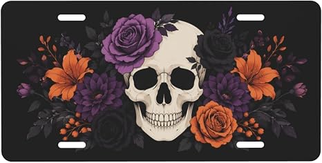 Front License Plate Cover 6x12 Aluminum Floral Skull - skull plate
