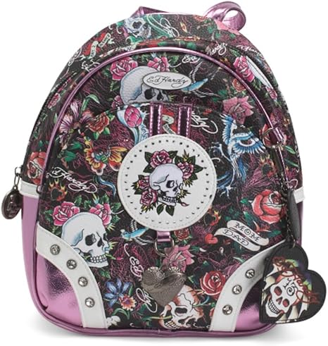 ED HARDY Mini Heather Backpack with Skull & Rose Print (Black Tattoo Floral) - skull backpack