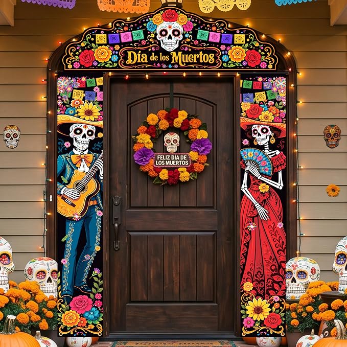 3pcs Dia De Los Muertos Porch Banners Sign for Day of the Dead Decorations - skull carpet