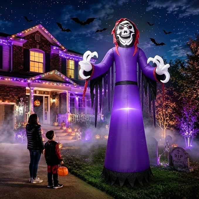 12 FT Giant Halloween Inflatables Reaper Outdoor Decoration-Huge Blow Up Spooky Grim Reaper with Built-in LEDs - Tall Halloween Yard Decor for Lawn Party, Garden & Front Yard - skull inflatable
