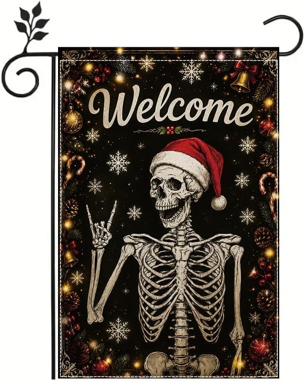 Halloween Merry Christmas Garden Flag 12x18 Inch, Skeleton Santa Hat Yard Flag, Spooky Holiday Welcome Outdoor Porch Decoration, Polyester Seasonal Garden Banner - skeleton