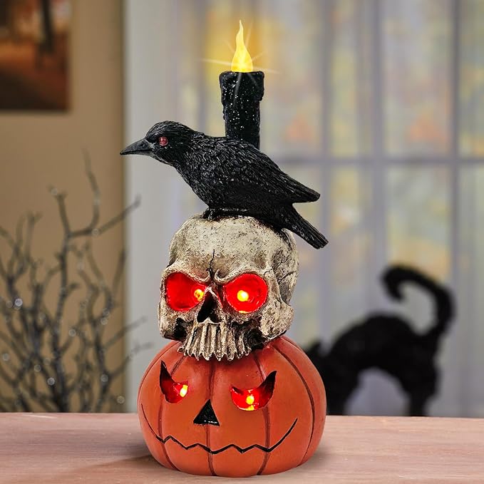 Halloween Decorations,Resin Skull and Crow LED Candle Lights Table Decor - skull candle