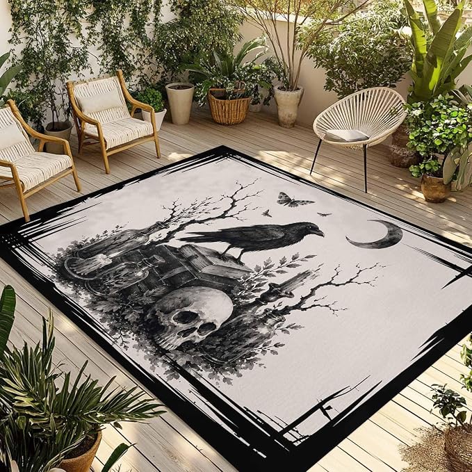 Outdoor Area Rug for Patio, Dark Halloween Skull Crow Camping Rugs Indoor Large Floor Mat 4x6ft, Scary Night Moon Plant Book Outside Carpet for Deck RV Picnic Porch Backyard Bedroom Living Room - skull carpet