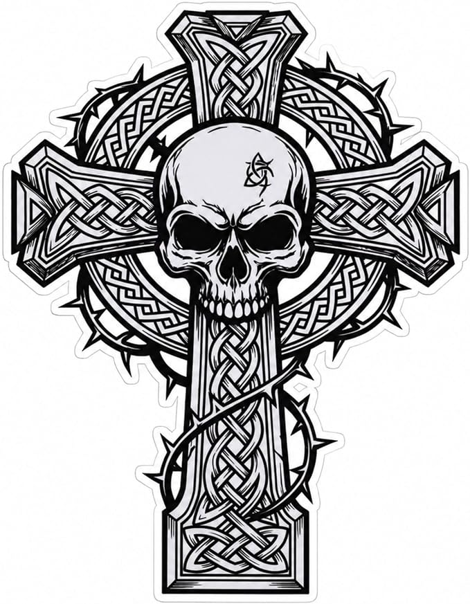 1 or 2 Pack Skull Celtic Cross Vinyl Sticker, Gothic Biker Car Decal, Holographic Prism Finish, Celtic Knot Die Cut Decal for Car Truck Window Helmet Motorcycle Suitcase Laptop (White) - skull sticker
