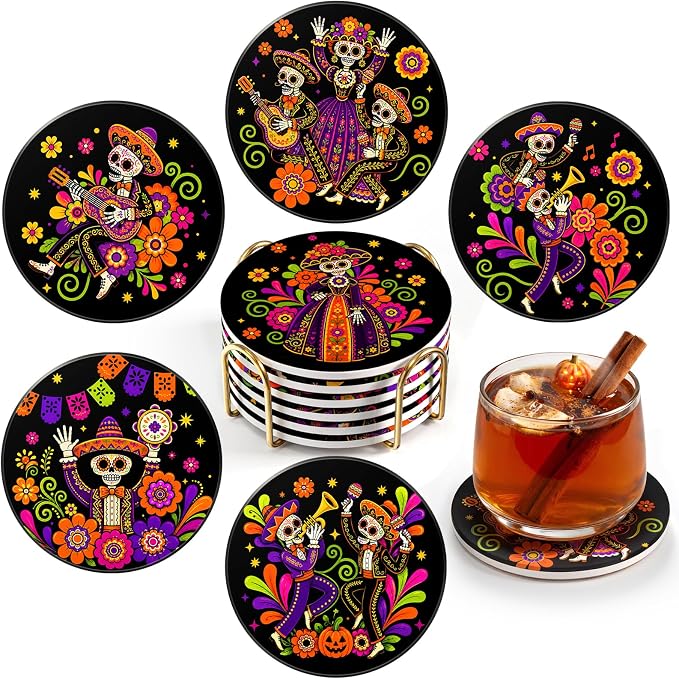 Colorful Day of the Dead Absorbent Ceramic Stone Coasters with Holder - Set of 6 Mexican Folk Art Sugar Skull Decor - skull plate