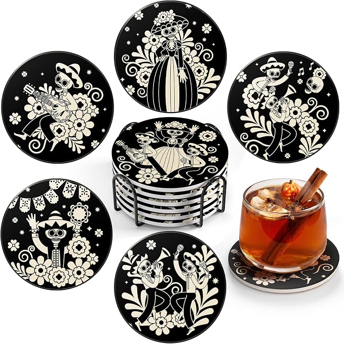 Day of the Dead Absorbent Ceramic Coasters Set of 6 with Holder - skull coaster