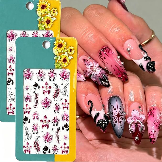 Pink Flower Nail Art Stickers Orchid Nail Decals 5D Embossed Self-Adhesive Pink Floral Black Cat Bone Skeleton Nails Design 2PCS Flower Gothic Nail Art Supplies for Women Nail Decoration - skull sticker