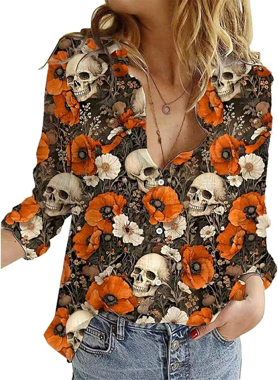 Holiday Button Down Shirts for Women V Neck Long Sleeve Tops - skull tshirt