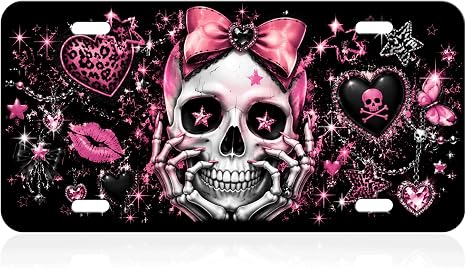 Pink Gothic Skull Aluminum License Plate Bow Decor 6x12 - skull plate