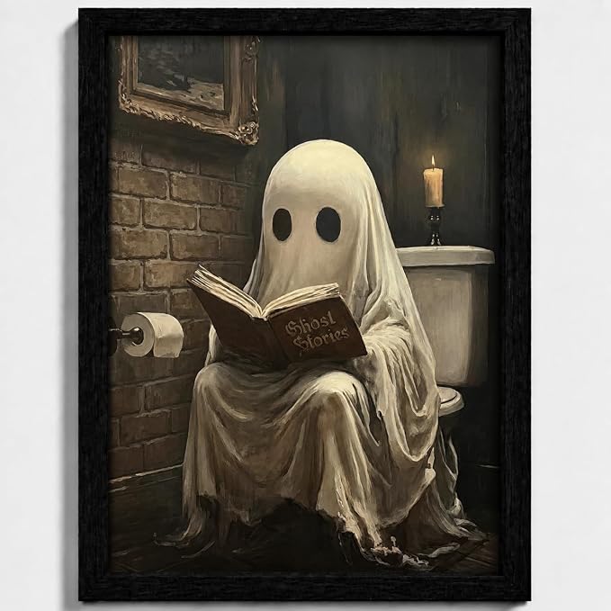 Halloween Bathroom Wall Art, Ghost Reading Picture, Funny Spooky Decor