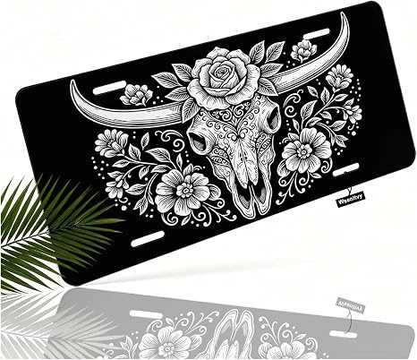 Front License Plate Cover Bull Skull Aluminum Novelty Vanity Plate Car Tag - skull plate