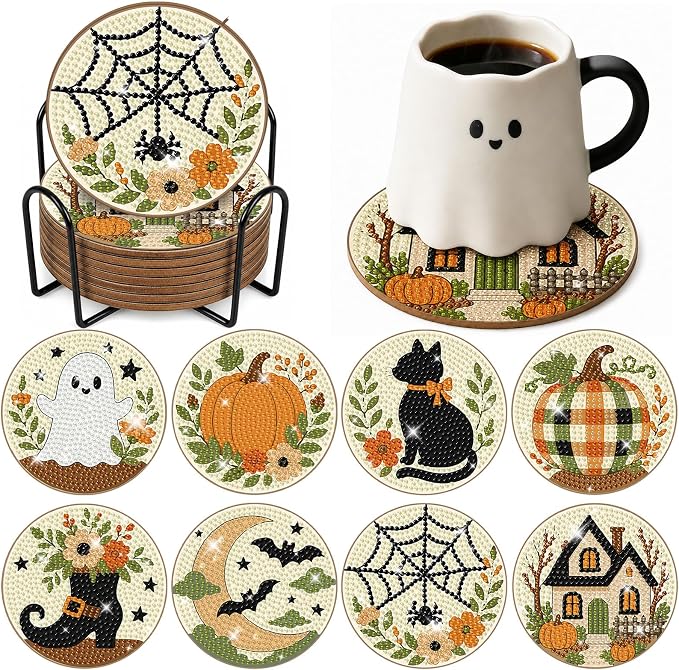 8 Pcs Halloween Diamond Art Painting Coasters Kit swith Holder DIY Pumpkin Kitten Art Painting Coasters Halloween Diamond Art Coaster for Home Decor Arts Craft - skull coaster