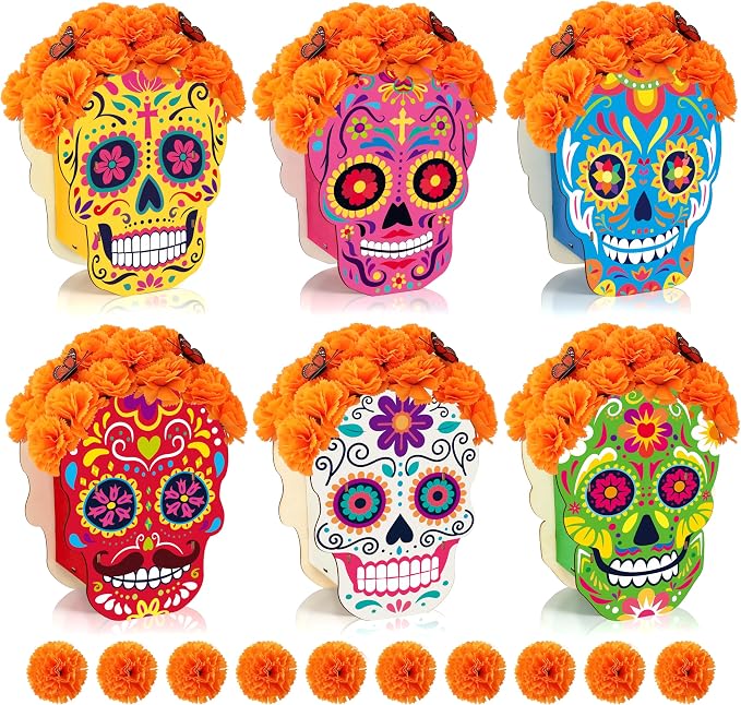 6 Pcs Day of The Dead Sugar Skull Decor Wood Boxes with 12 Pcs Marigolds - skull candle