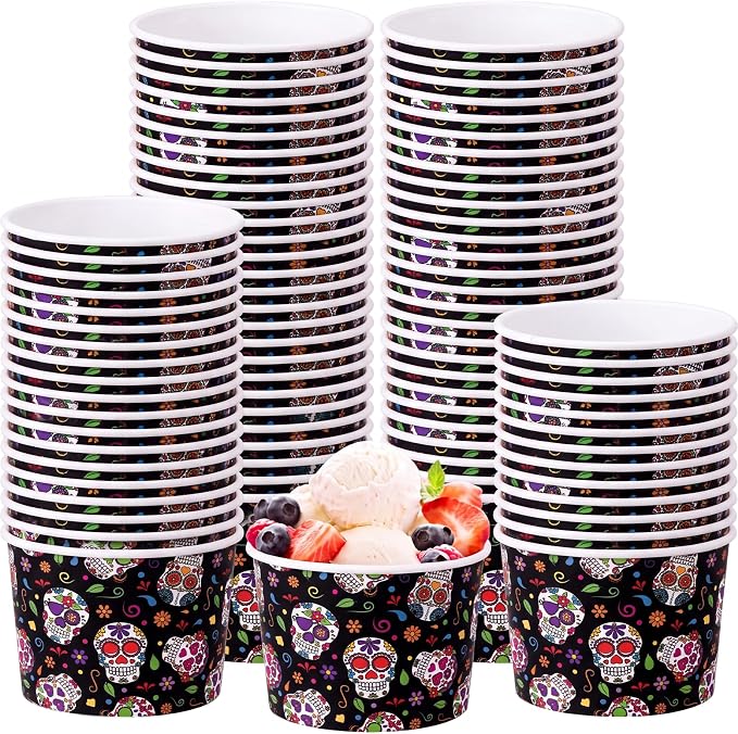 Funnymoom 50 Pack 9 oz Day of The Dead Paper Dessert Cups Halloween Bowls - skull plate