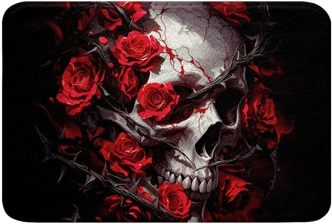Feelyou Red Rose Skull Bathroom Rugs Vintage Boho Bath Mats Gothic Bathroom Accessories Floor Doormats 16"x24" Soft Microfiber - skull toilet rug