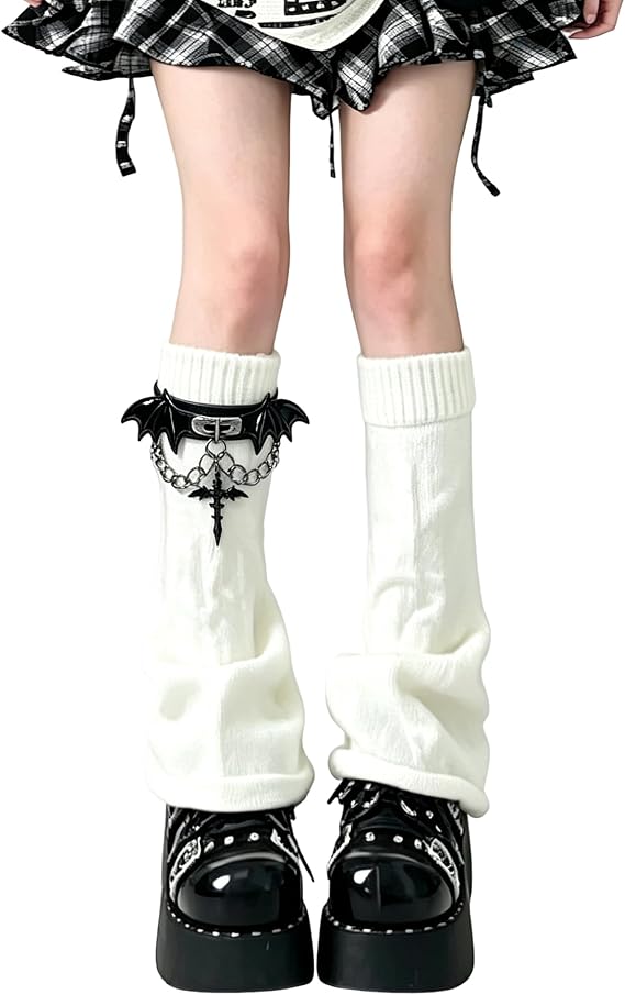 SherryDC Y2K Harajuku Leg Warmers Set Knitted Long Boot Socks with Leg Chain for Girls - sugar skull costume