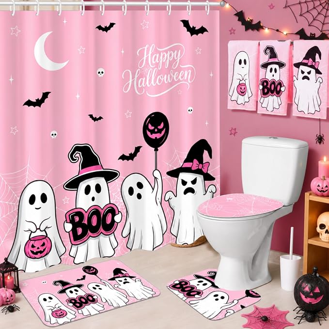 Tiamon 7 Pcs Halloween Bathroom Shower Curtain Set, Pink Ghost - skull toilet mat