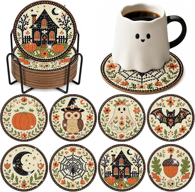 8 Pcs Halloween Diamond Art Painting Coasters Kit swith Holder DIY Cute Pumpkin Art Painting Coasters Halloween Diamond Art Coaster for Home Decor Arts Craft - skull coaster