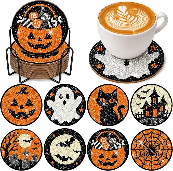8 Pcs Halloween Diamond Art Coasters with Holder Ghost Pumpkin Craft Kit - skull coaster