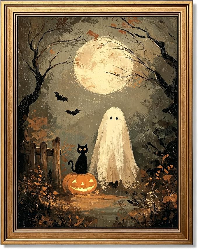 Vintage Gold Framed Halloween Wall Art, Ghosts Black Cat Decor, 12x16Inch - skull painting