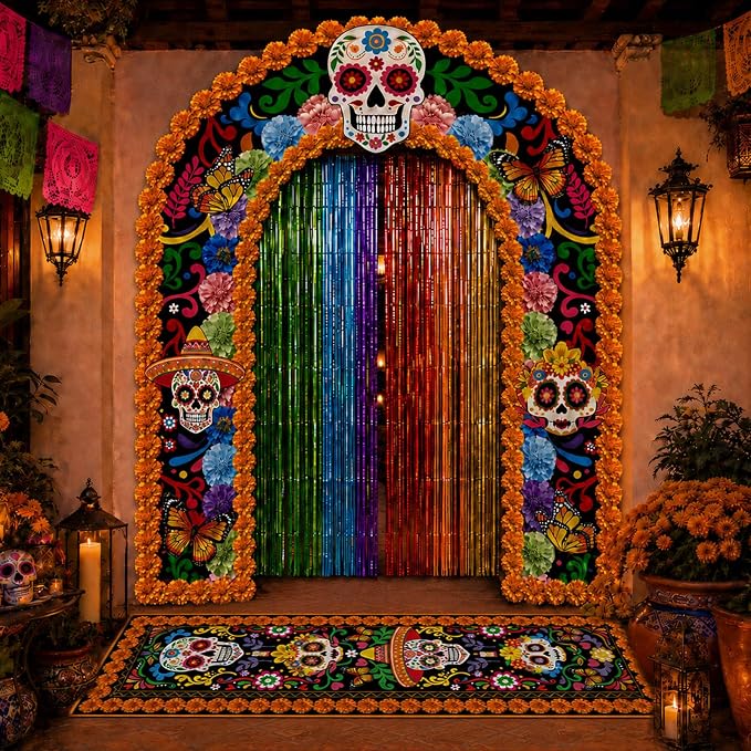 Day of the Dead Decorations Door Banner Rug Tinsel Curtain Set - skull carpet