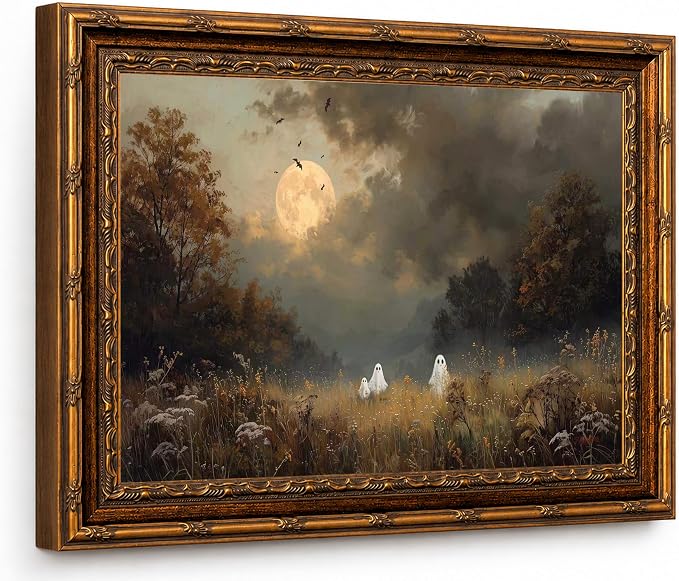 Vintage Gold Framed Halloween Ghost Wall Art,Gothic Ghost Meadow Canvas - skull painting