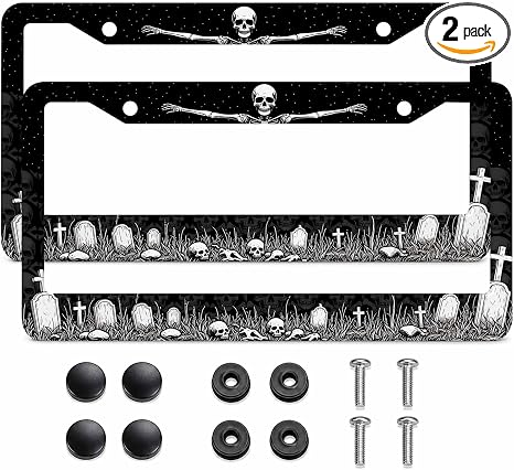 2 Pack Skull Gothic License Plate Frames with Screws 12x6 - skull plate