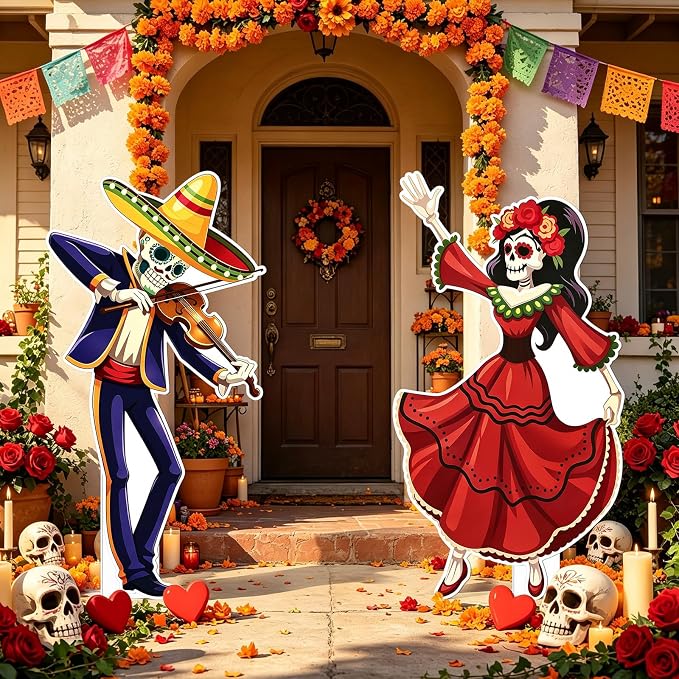 2 Pack Day of The Dead Cardboard Cutout Decor for Indoor Outdoor - skull inflatable