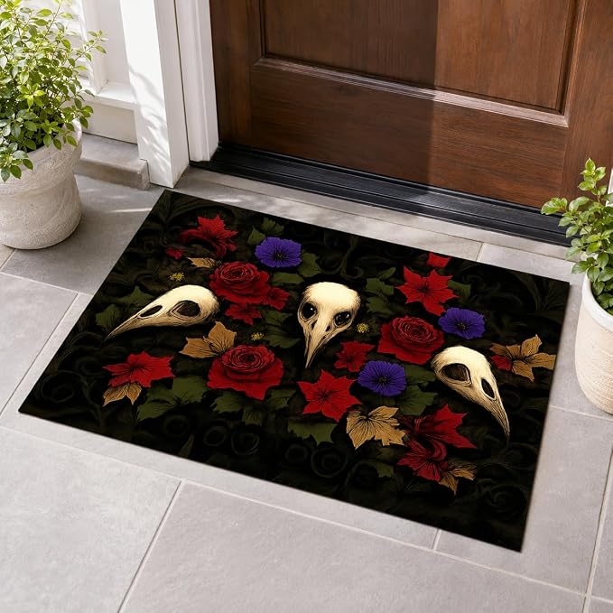 Gothic Doormat 36 x 24 Inch, Bird Skull Door Mat for Indoor Outdoor Entry - skull door mat
