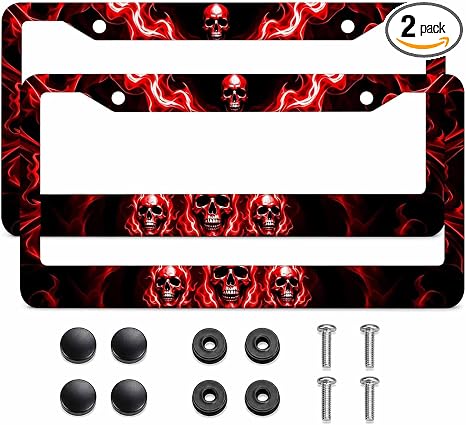 2 Pack Red Skull Gothic Horror License Plate Frames with Screws 12x6 - skull plate