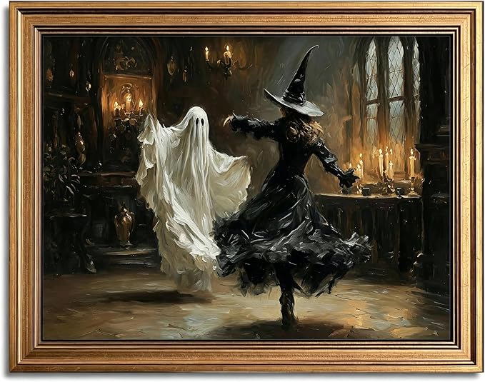 Vintage Gold Framed Halloween Wall Art, Witch and Ghost Decor, 12x16Inch - skull wall art