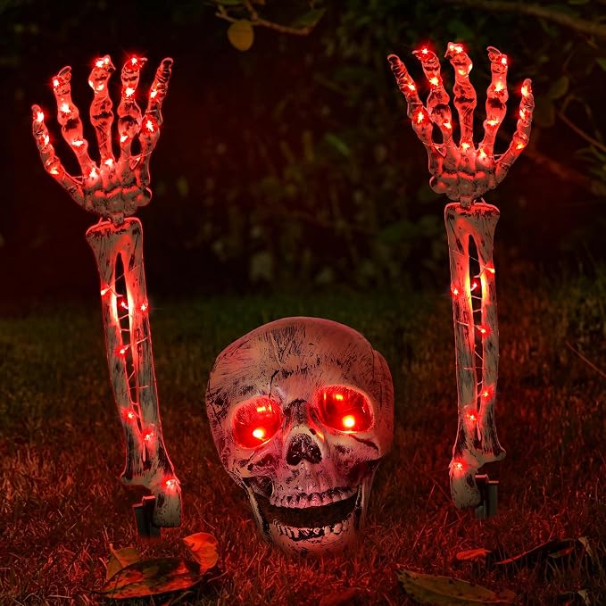 Halloween Skeleton Decorations Outdoor, Light Up Skull Head & Skeleton Hands Stake Lights, Battery Operated Red LED Halloween Skull Decorations for Yard Lawn Garden Graveyard & Haunted House Decor - skeleton