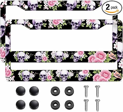 2 Pack Sugar Skull Flower License Plate Frames with Screws 12x6 - skull plate