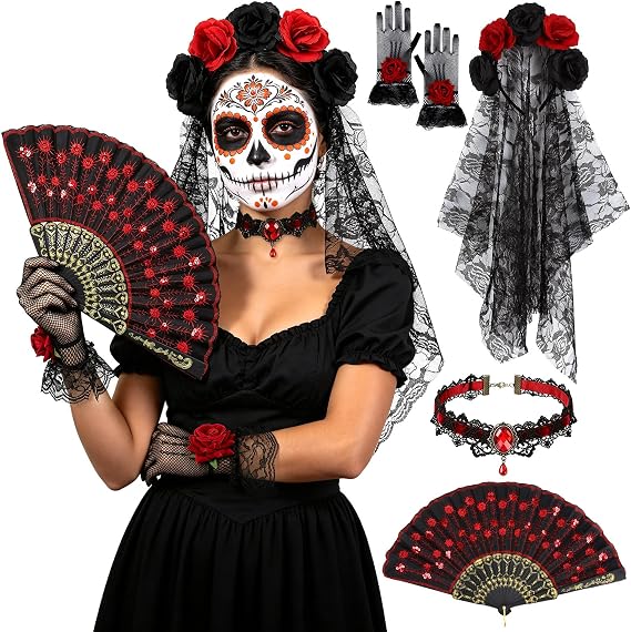 Day of the Dead Costume Accessories, Veil Headband Glove Lace Chok - sugar skull makeup